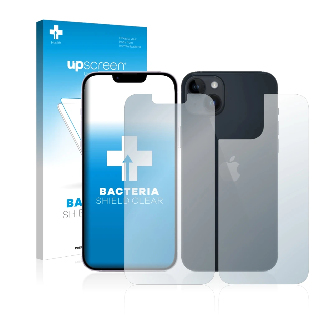 Vorderseite einer Produktverpackung mit dem Markenlogo upscreen. Daneben ist das Gerät Apple iPhone 14 (Display+Rückseite) mit