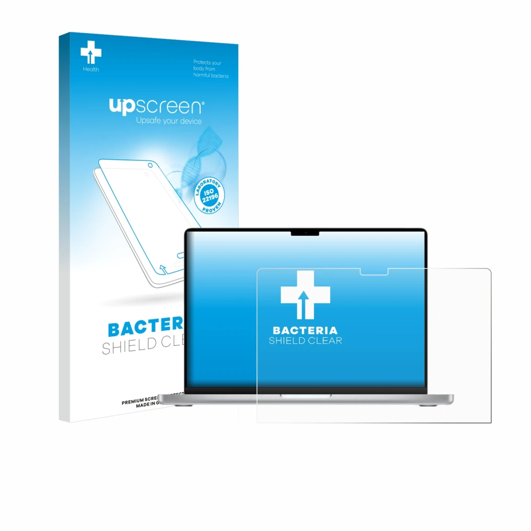 Vorderseite einer Produktverpackung mit dem Markenlogo upscreen. Daneben ist das Gerät Apple MacBook Pro 14