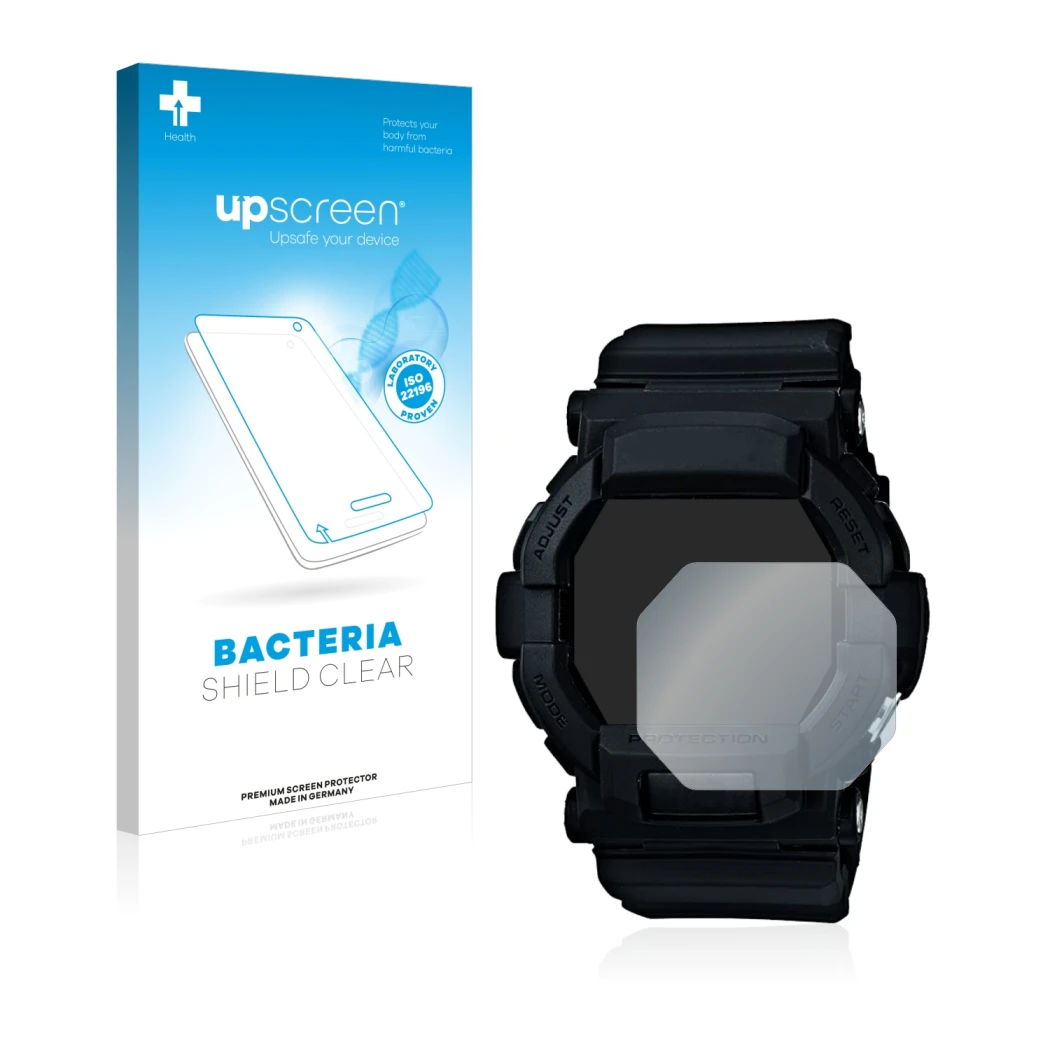 Vorderseite einer Produktverpackung mit dem Markenlogo upscreen. Daneben ist das Gerät Casio G-Shock GD350 mit dem zugehörigen