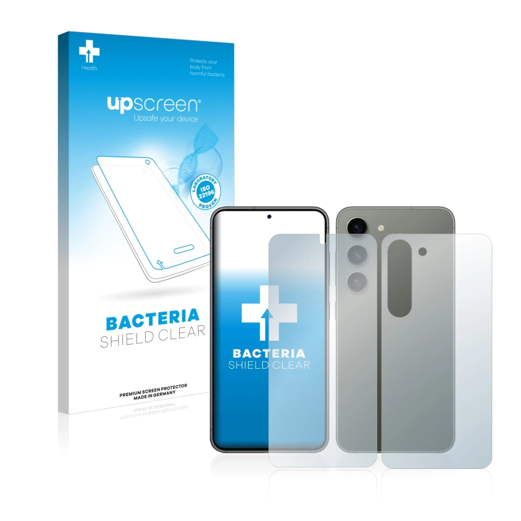 Vorderseite einer Produktverpackung mit dem Markenlogo upscreen. Daneben ist das Gerät Samsung Galaxy S23 (Display+Rückseite) 