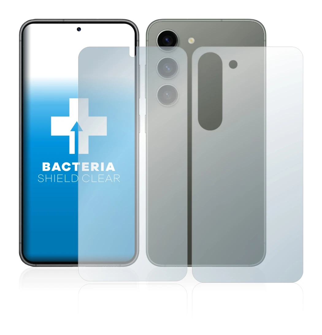 Abbildung des Geräts Samsung Galaxy S23 (Display+Rückseite) mit einer Vielzahl des Displayschutzes.