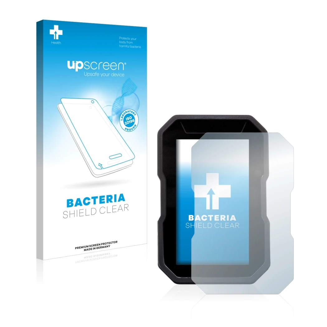 Vorderseite einer Produktverpackung mit dem Markenlogo upscreen. Daneben ist das Gerät Ducati DesertX 2022 mit dem zugehörigen