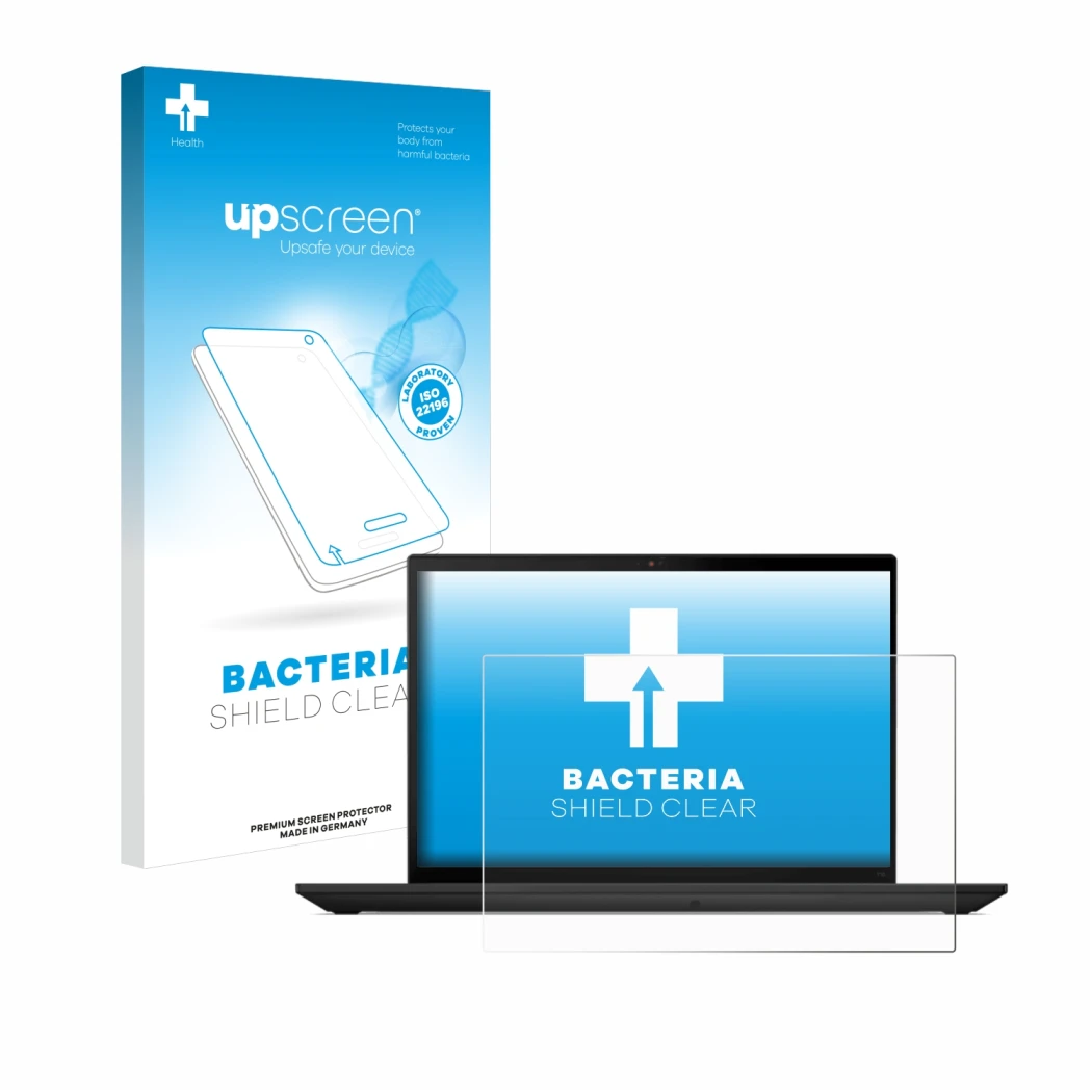 Vorderseite einer Produktverpackung mit dem Markenlogo upscreen. Daneben ist das Gerät Lenovo ThinkPad T14 Gen 4 mit dem zugeh