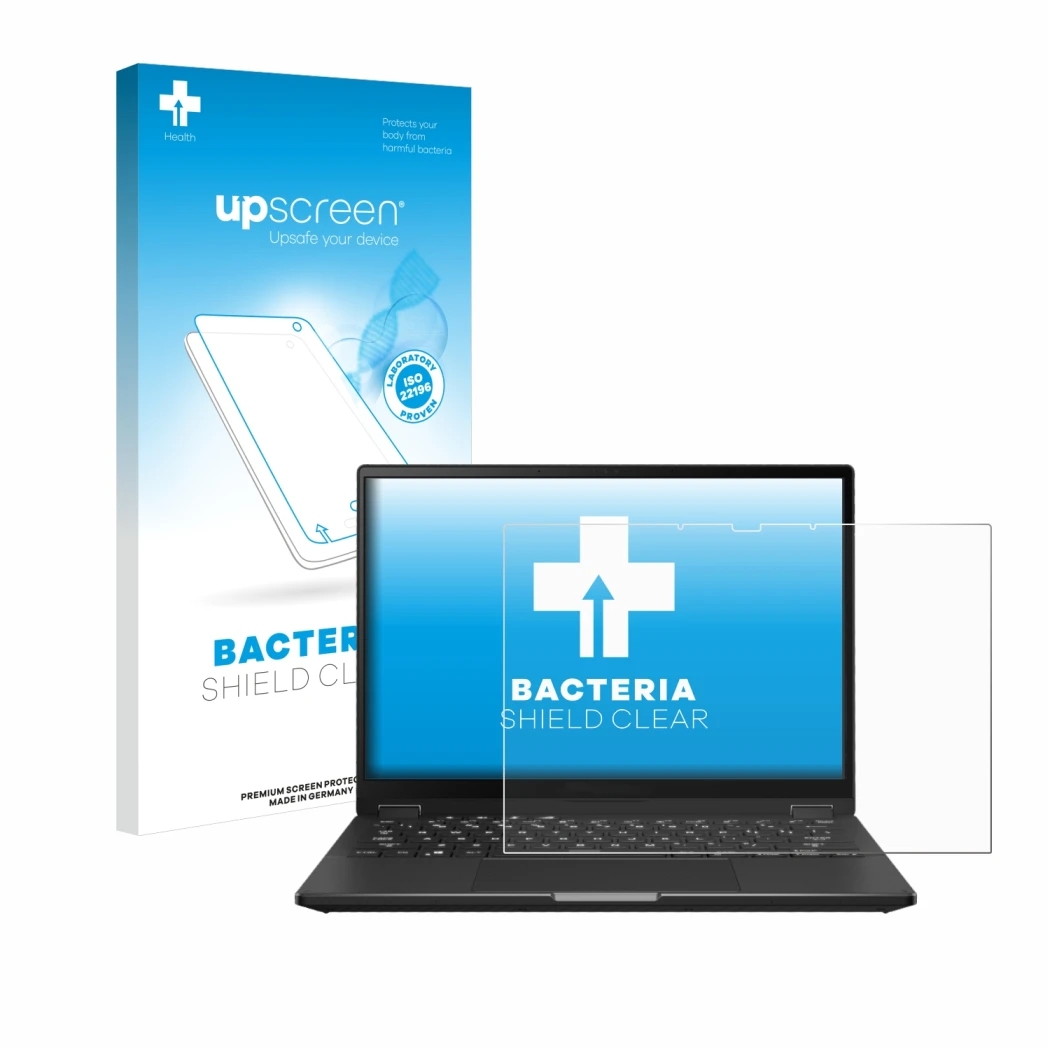 Vorderseite einer Produktverpackung mit dem Markenlogo upscreen. Daneben ist das Gerät ASUS ROG Flow X13 2023 mit dem zugehöri