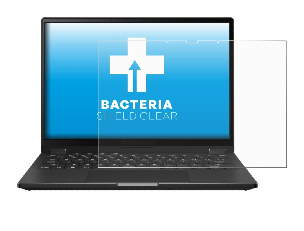 Abbildung des Geräts ASUS ROG Flow X13 2023 mit einer Vielzahl des Displayschutzes.