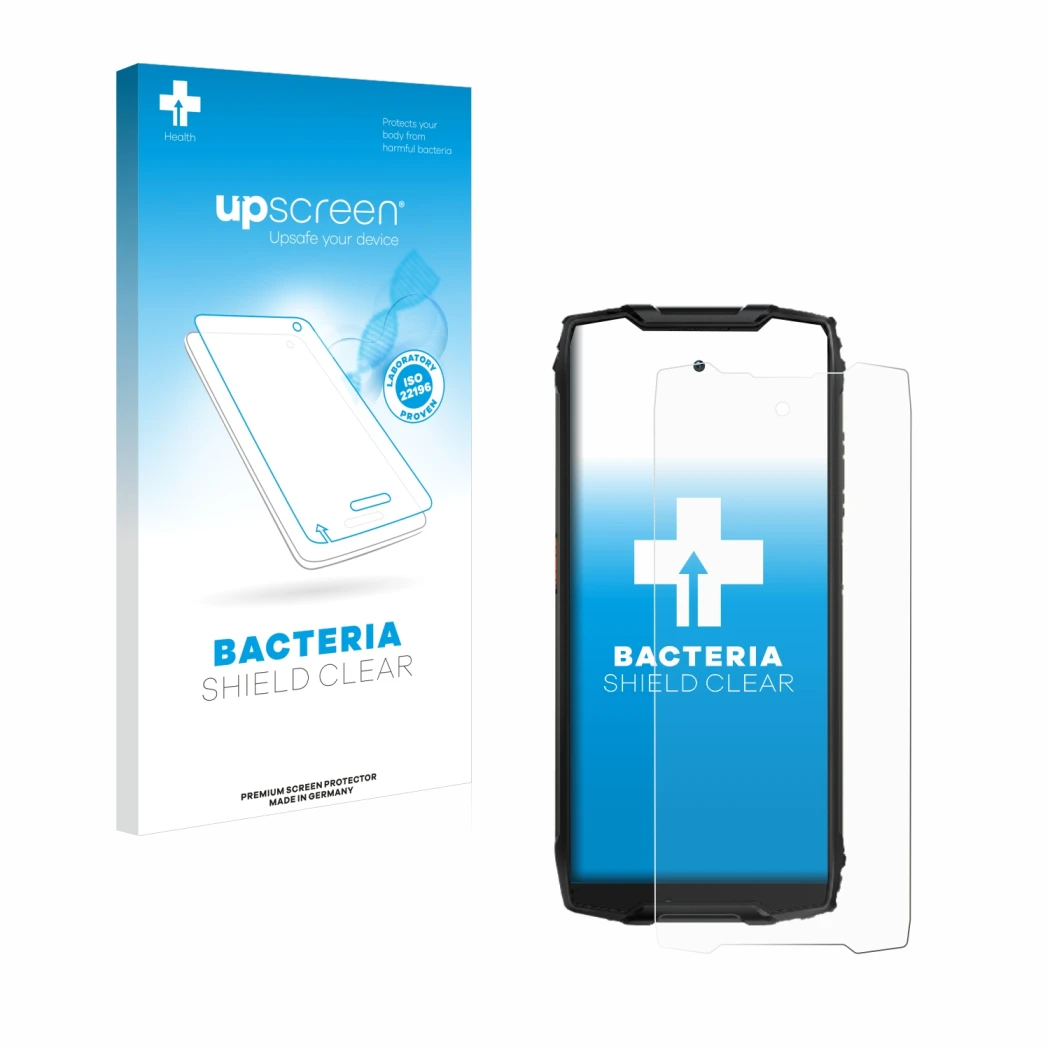 Vorderseite einer Produktverpackung mit dem Markenlogo upscreen. Daneben ist das Gerät Blackview BV9300 mit dem zugehörigen Di