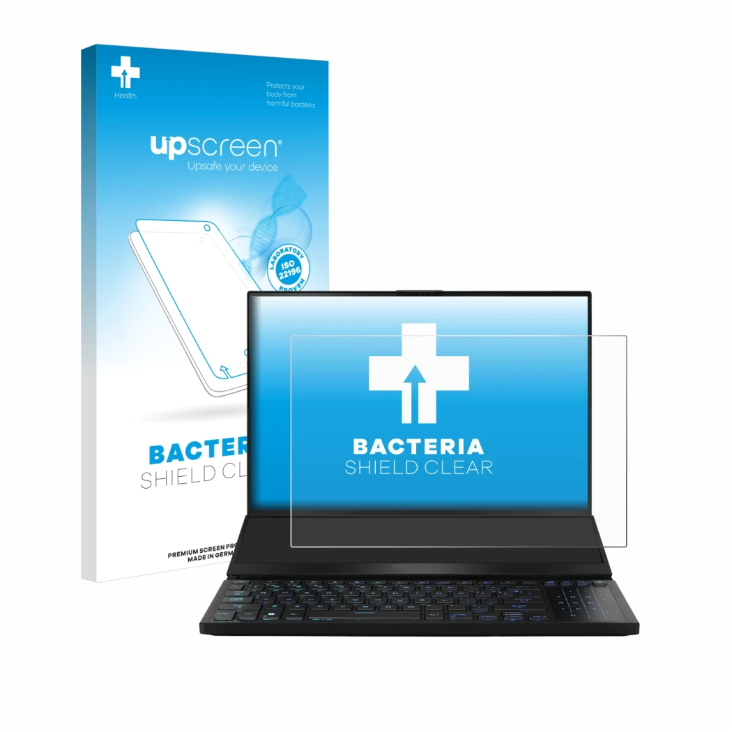 Vorderseite einer Produktverpackung mit dem Markenlogo upscreen. Daneben ist das Gerät ASUS ROG Zephyrus Duo 16 2023 mit dem z