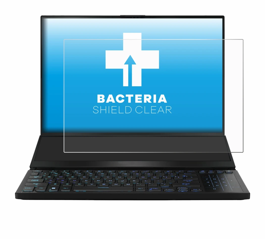 Abbildung des Geräts ASUS ROG Zephyrus Duo 16 2023 mit einer Vielzahl des Displayschutzes.