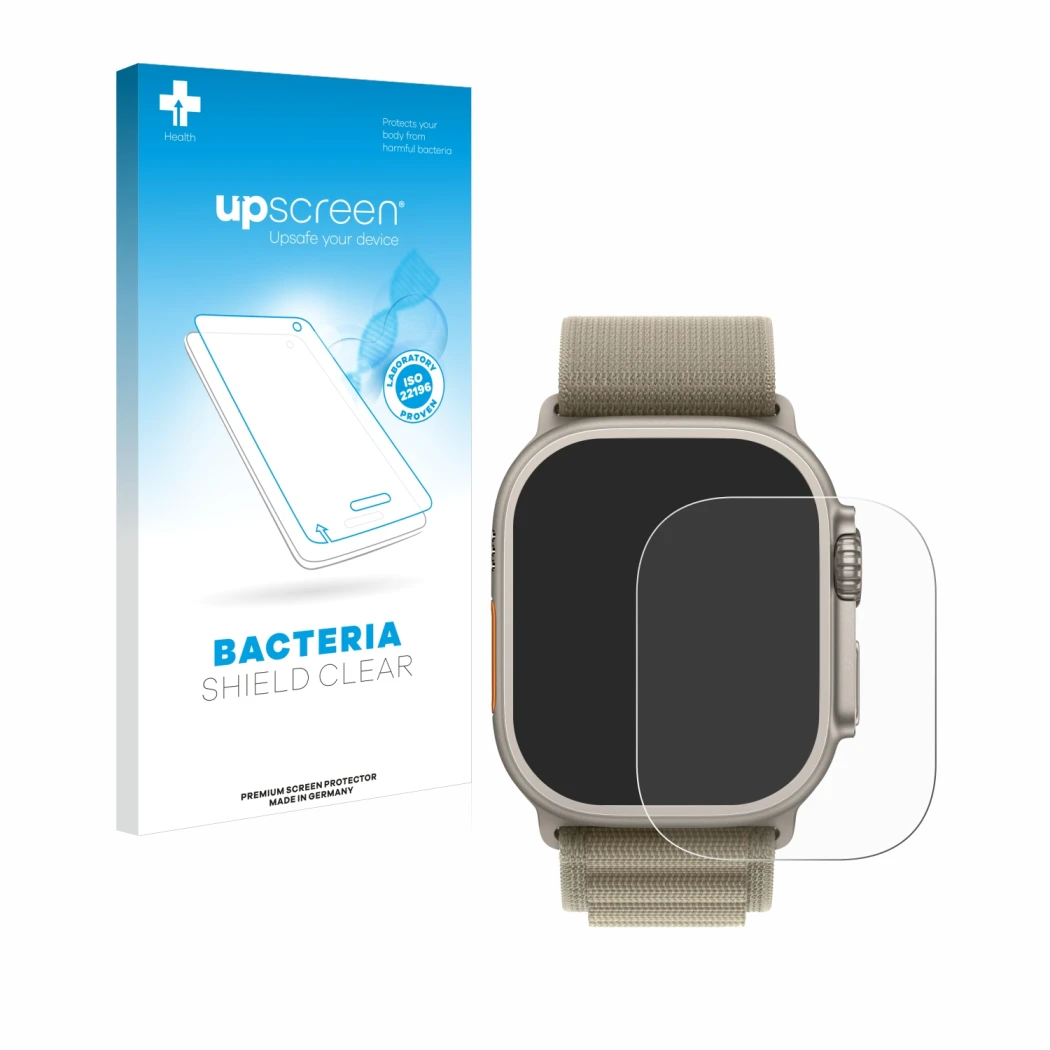 Vorderseite einer Produktverpackung mit dem Markenlogo upscreen. Daneben ist das Gerät Apple Watch Ultra 2 (49 mm) mit dem zug