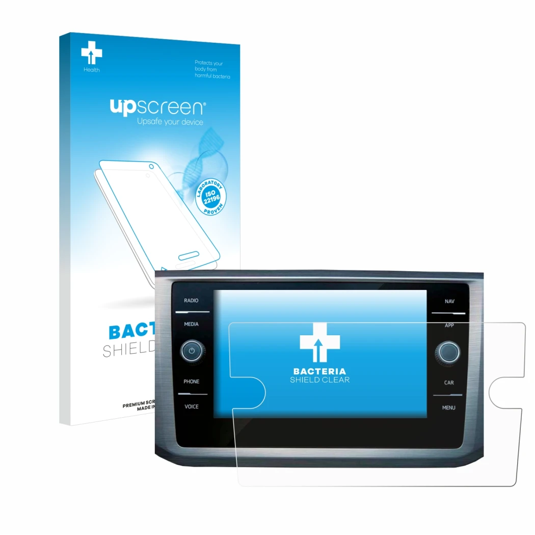 Vorderseite einer Produktverpackung mit dem Markenlogo upscreen. Daneben ist das Gerät Volkswagen Passat B8 Discover Media 8