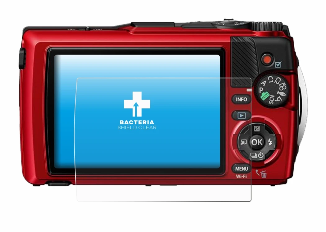 Abbildung des Geräts Olympus OM System Tough TG-7 mit einer Vielzahl des Displayschutzes.