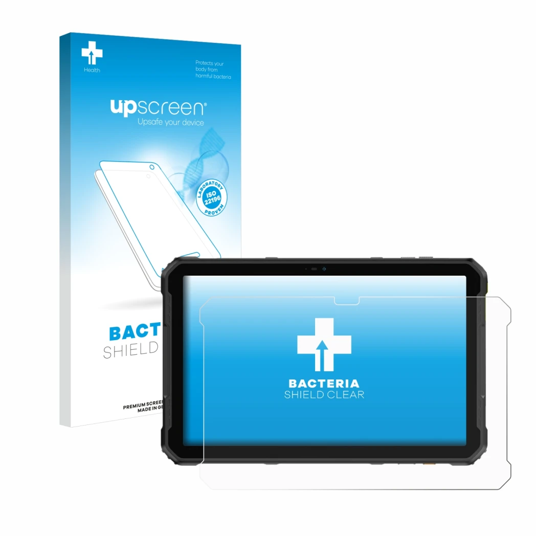 Vorderseite einer Produktverpackung mit dem Markenlogo upscreen. Daneben ist das Gerät Ulefone Armor Pad 2 mit dem zugehörigen