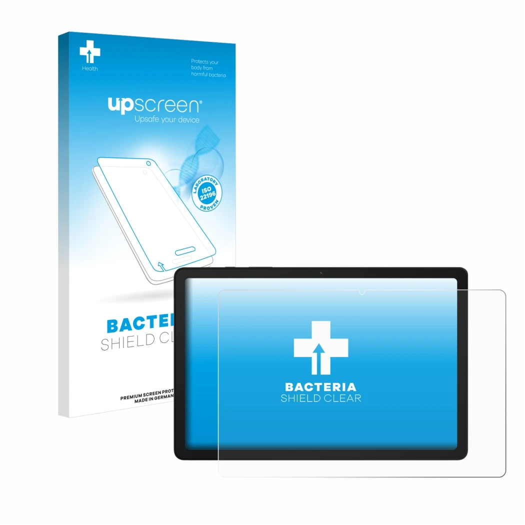 Vorderseite einer Produktverpackung mit dem Markenlogo upscreen. Daneben ist das Gerät Samsung Galaxy Tab A9 Plus WiFi mit dem