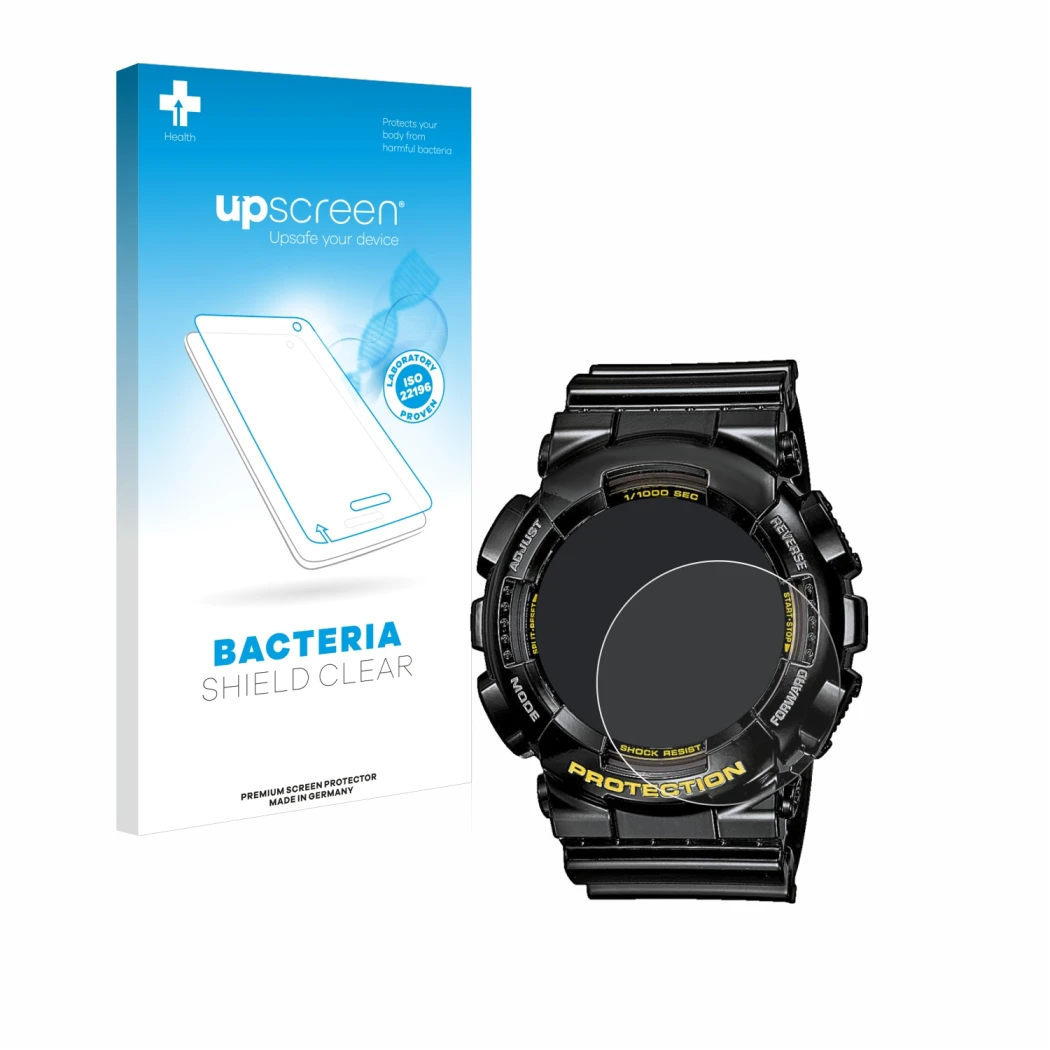 Vorderseite einer Produktverpackung mit dem Markenlogo upscreen. Daneben ist das Gerät Casio G-Shock GA-110GB-1A mit dem zugeh