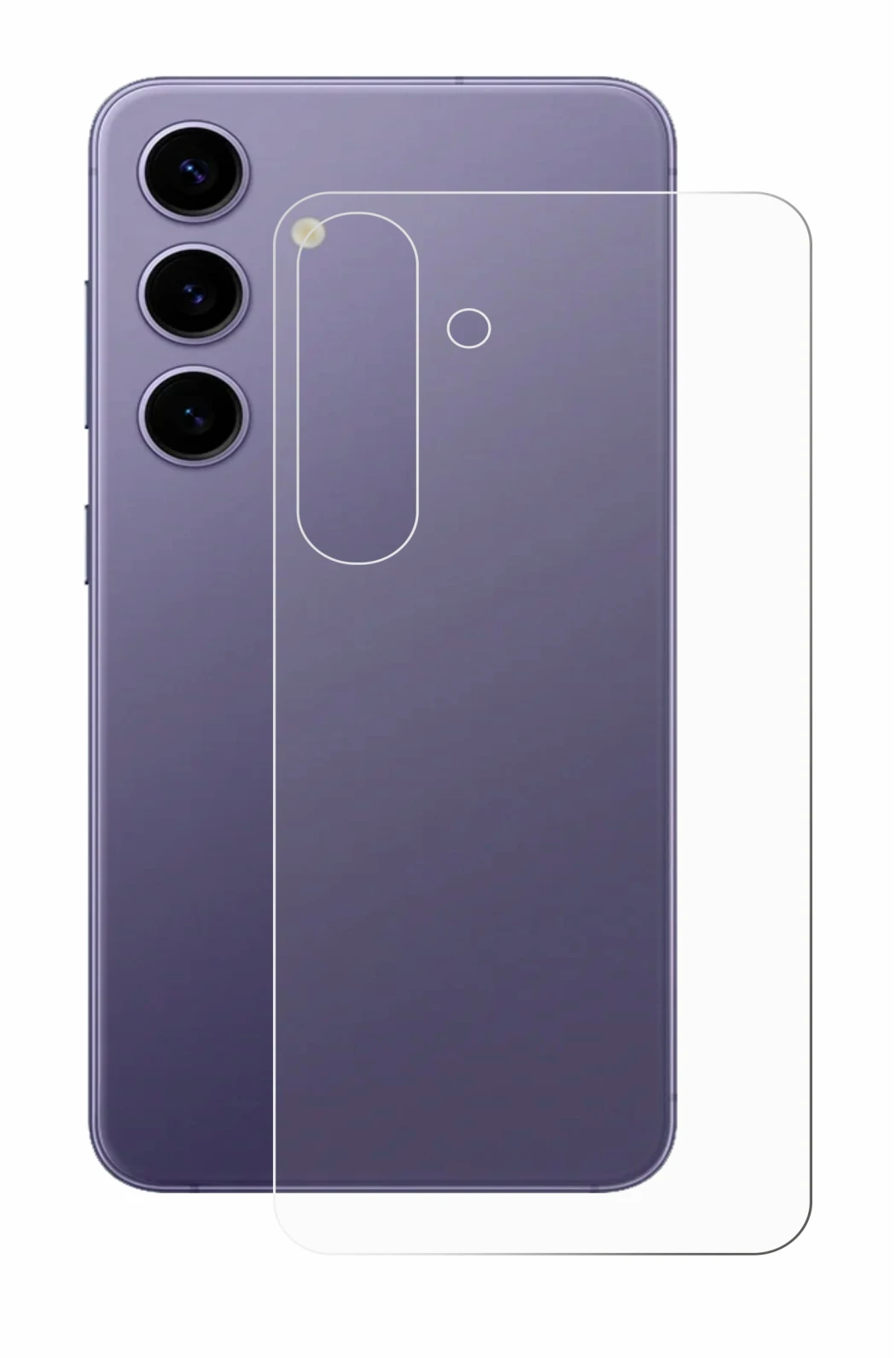 Abbildung des Geräts Samsung Galaxy S24 (Rückseite) mit einer Vielzahl des Displayschutzes.