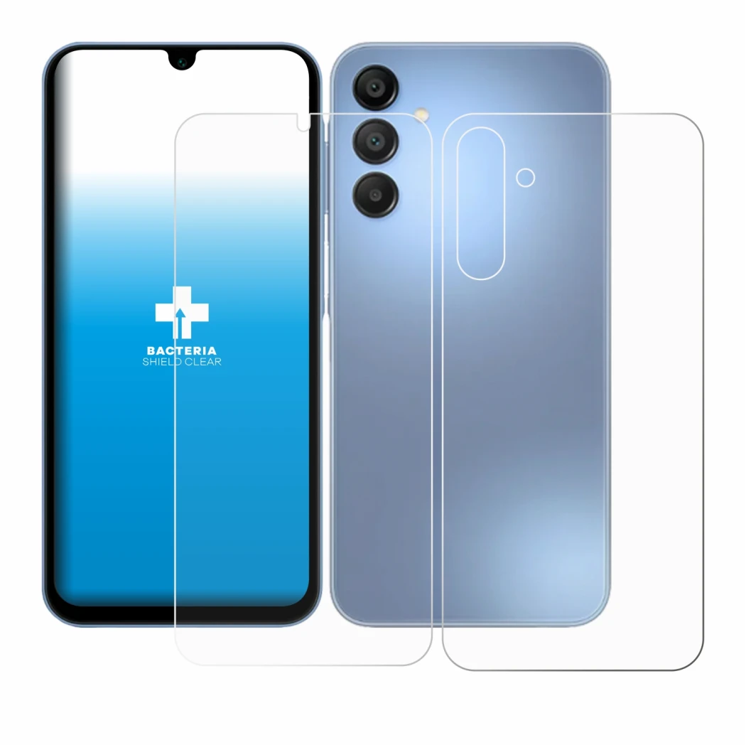 Abbildung des Geräts Samsung Galaxy A15 (Display+Rückseite) mit einer Vielzahl des Displayschutzes.