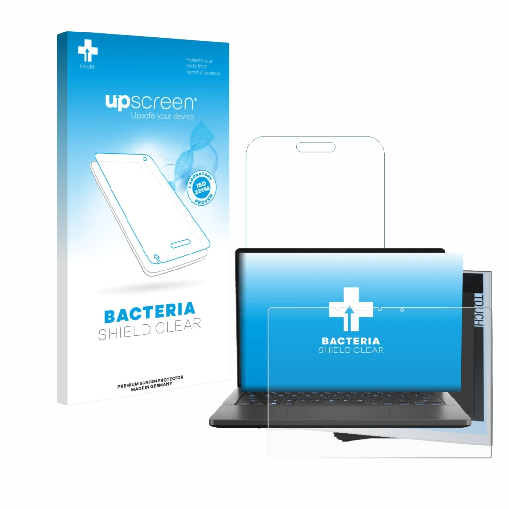 Vorderseite einer Produktverpackung mit dem Markenlogo upscreen. Daneben ist das Gerät ASUS ROG Zephyrus G14 2024 GA403 mit de