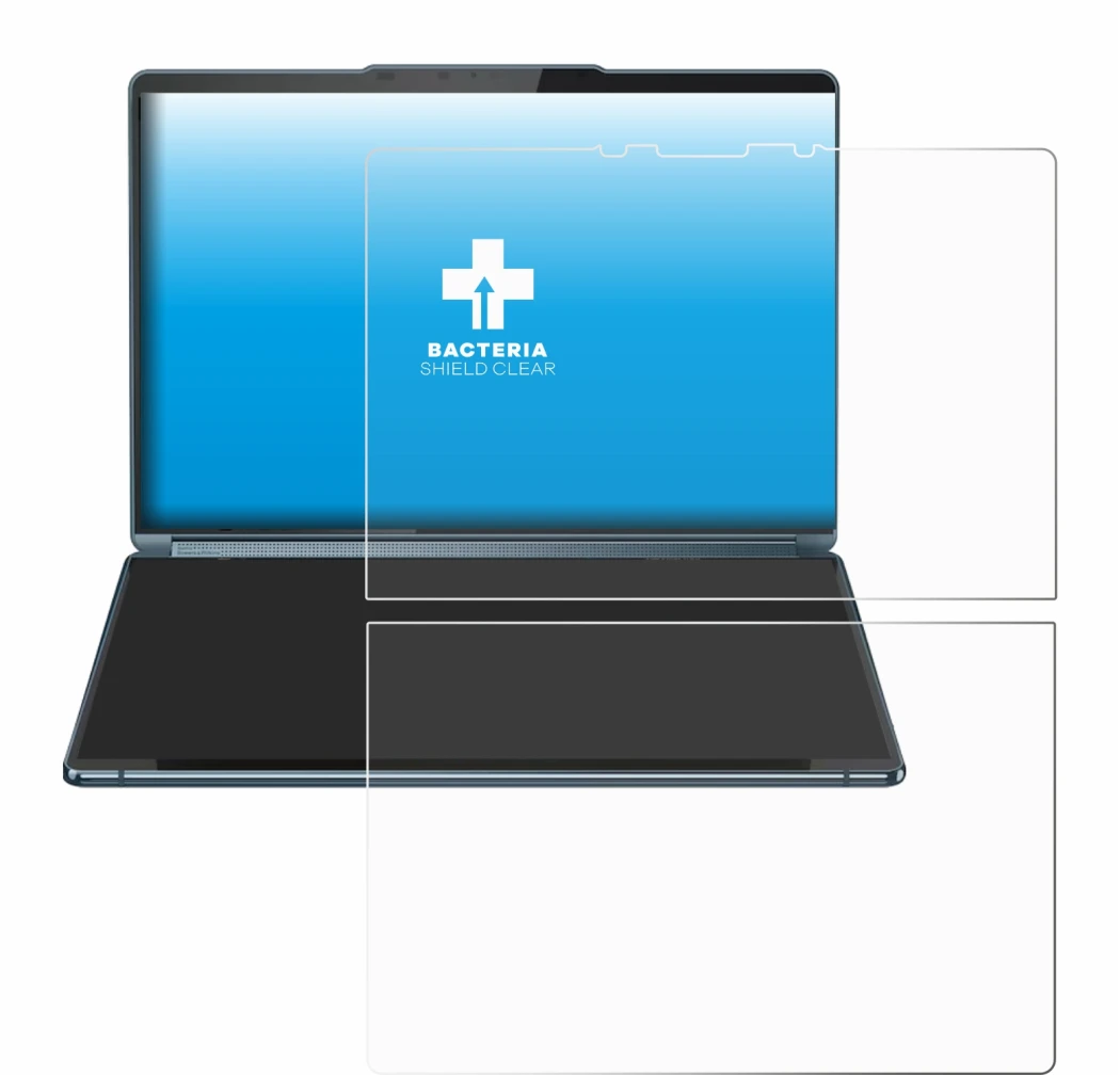 Abbildung des Geräts Lenovo Yoga Book 9i Gen 9 mit einer Vielzahl des Displayschutzes.
