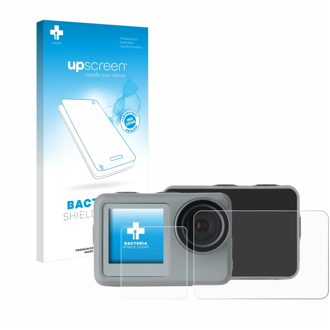 Vorderseite einer Produktverpackung mit dem Markenlogo upscreen. Daneben ist das Gerät Rollei Actioncam 9s Plus mit dem zugehö