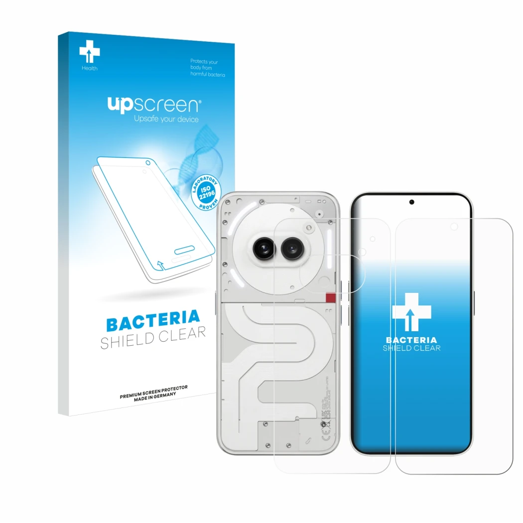 Vorderseite einer Produktverpackung mit dem Markenlogo upscreen. Daneben ist das Gerät Nothing Phone (2a) (Display+Rückseite) 