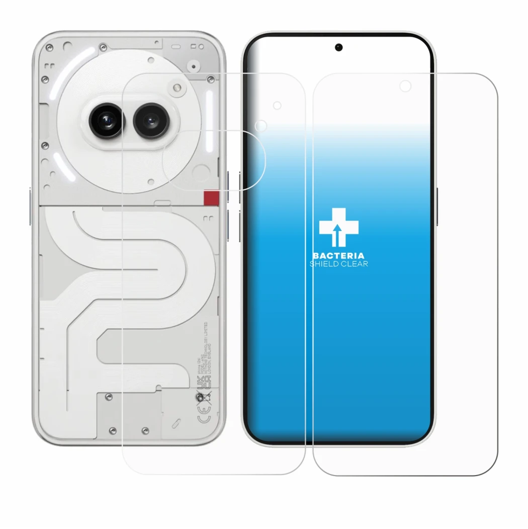 Abbildung des Geräts Nothing Phone (2a) (Display+Rückseite) mit einer Vielzahl des Displayschutzes.