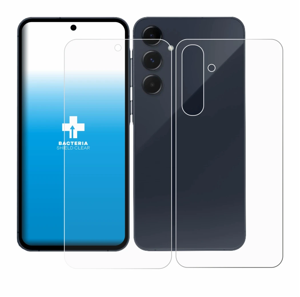 Abbildung des Geräts Samsung Galaxy A55 5G (Display+Rückseite) mit einer Vielzahl des Displayschutzes.