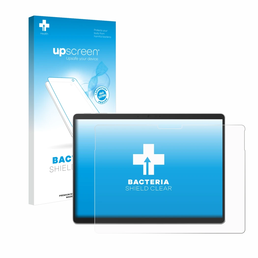 Vorderseite einer Produktverpackung mit dem Markenlogo upscreen. Daneben ist das Gerät Microsoft Surface Pro 10 mit dem zugehö