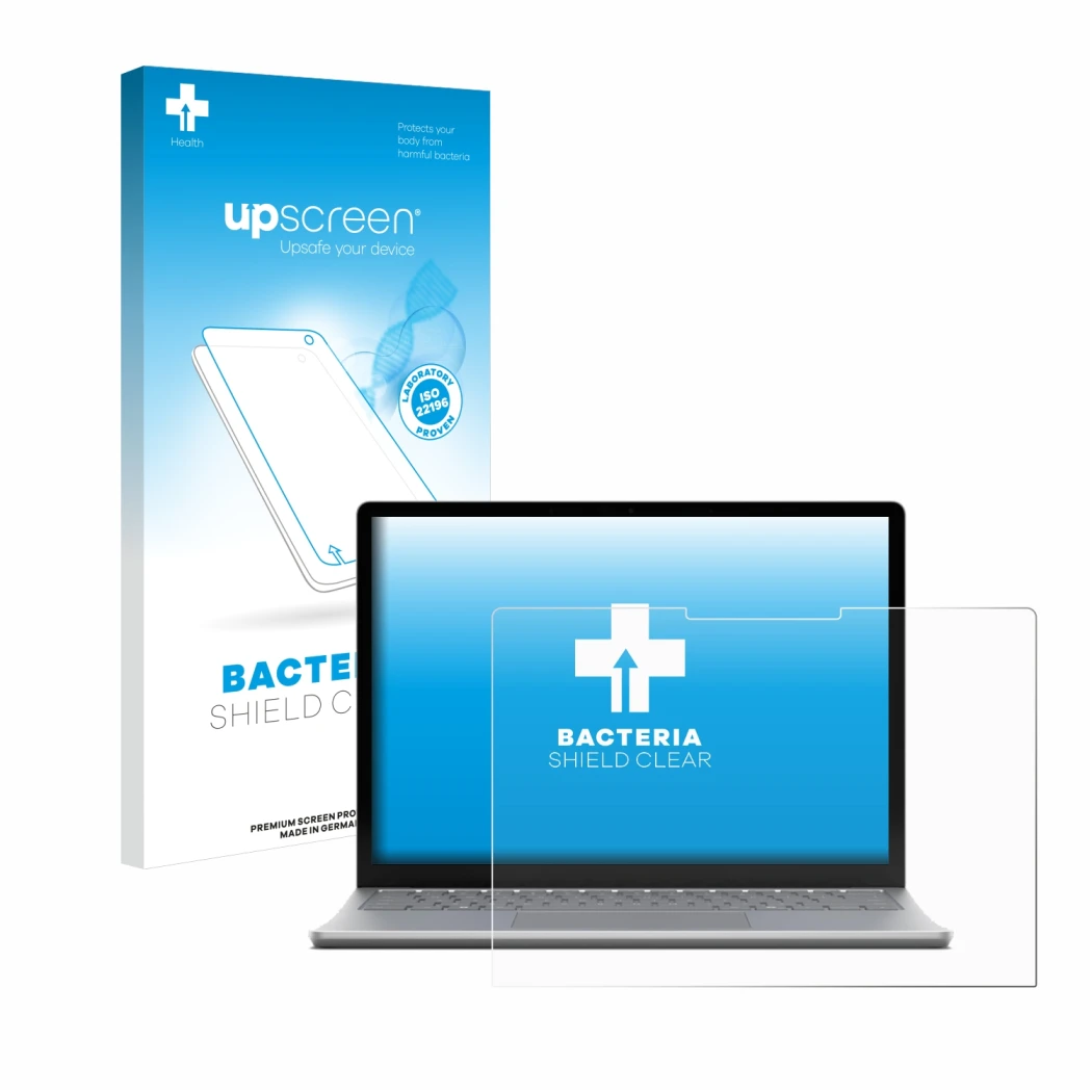 Vorderseite einer Produktverpackung mit dem Markenlogo upscreen. Daneben ist das Gerät Microsoft Surface Laptop 6 15