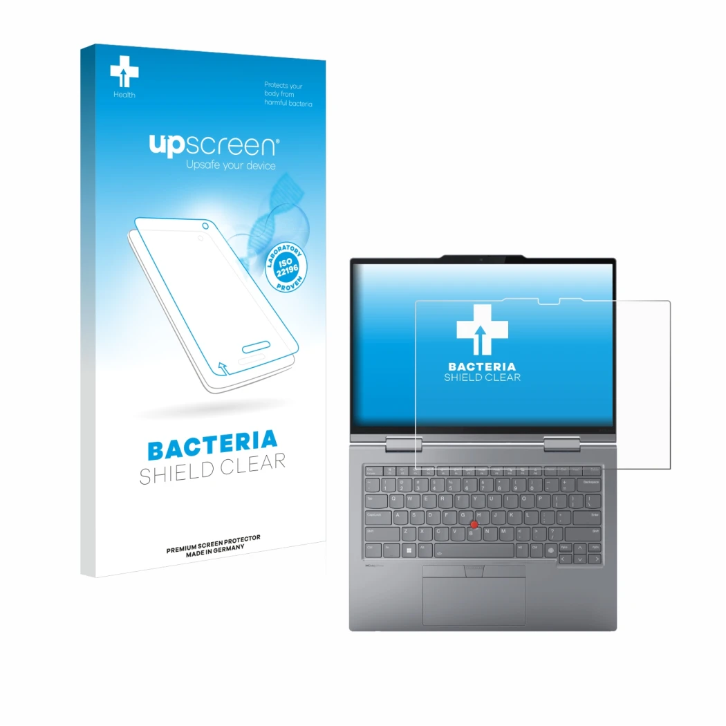 Vorderseite einer Produktverpackung mit dem Markenlogo upscreen. Daneben ist das Gerät Lenovo ThinkPad X1 2-in-1 Gen 9 14