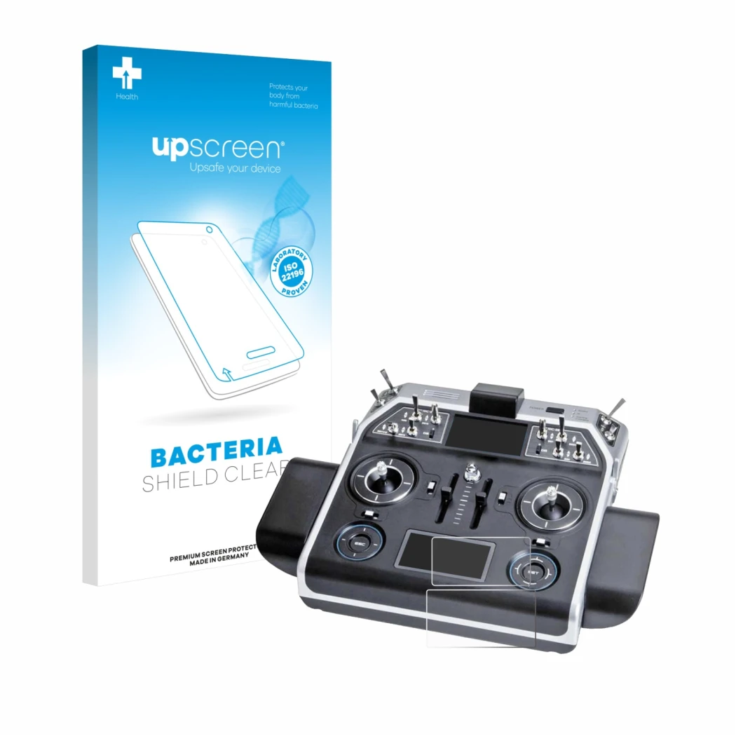 Vorderseite einer Produktverpackung mit dem Markenlogo upscreen. Daneben ist das Gerät Graupner MC-28 mit dem zugehörigen Disp