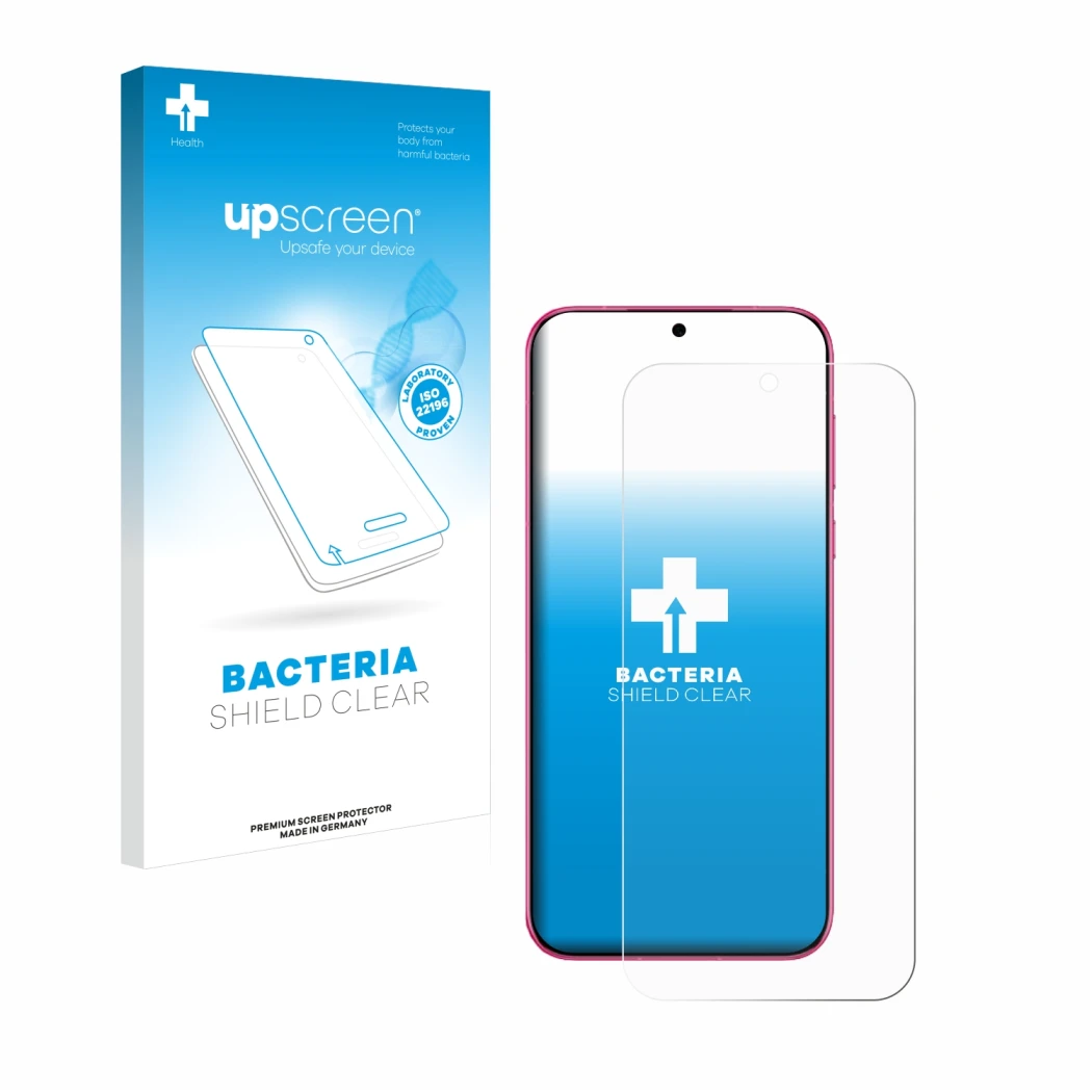 Vorderseite einer Produktverpackung mit dem Markenlogo upscreen. Daneben ist das Gerät Huawei Pura 70 mit dem zugehörigen Disp