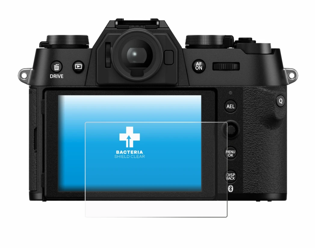 Abbildung des Geräts Fujifilm X-T50 mit einer Vielzahl des Displayschutzes.