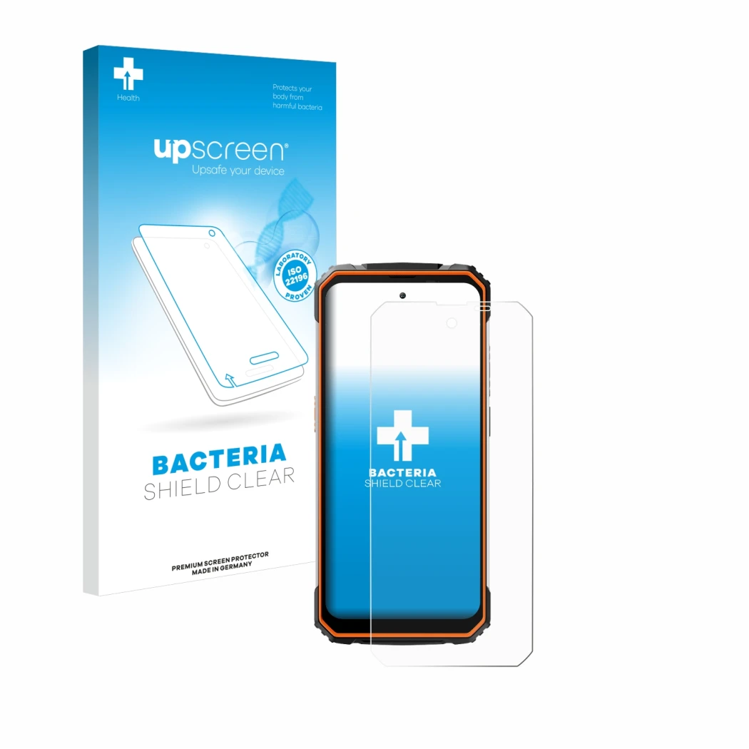 Vorderseite einer Produktverpackung mit dem Markenlogo upscreen. Daneben ist das Gerät Blackview BV8100 mit dem zugehörigen Di