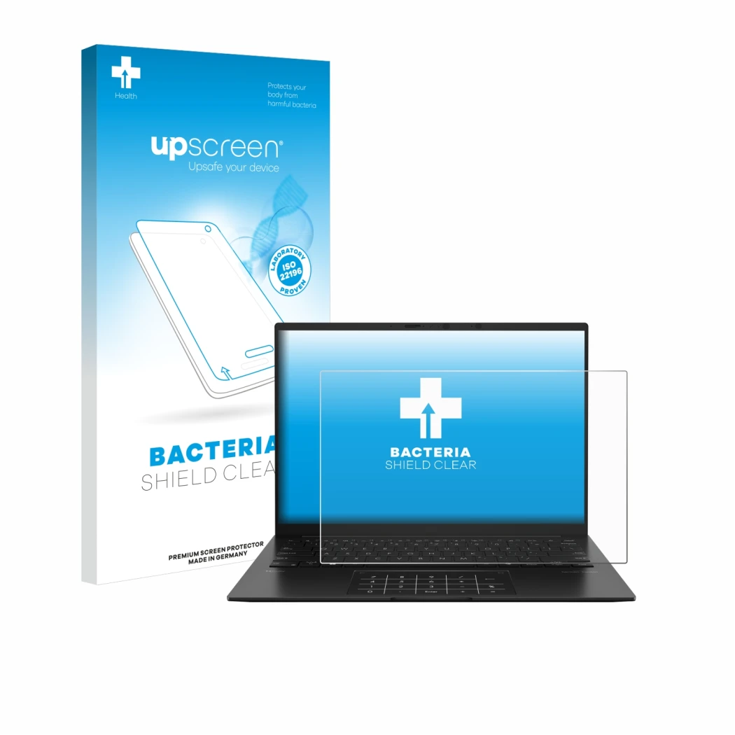 Vorderseite einer Produktverpackung mit dem Markenlogo upscreen. Daneben ist das Gerät ASUS ZenBook 14 OLED UM3406 mit dem zug