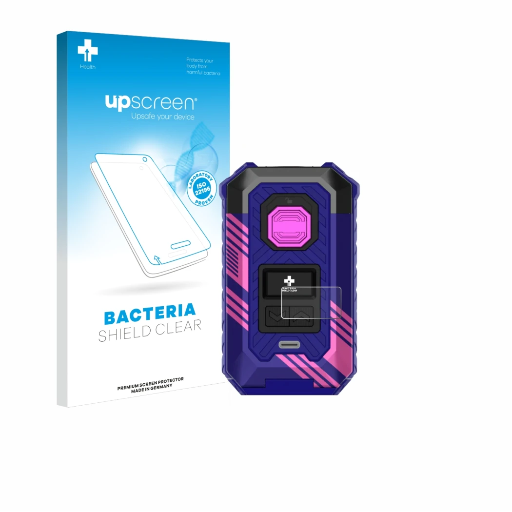 Vorderseite einer Produktverpackung mit dem Markenlogo upscreen. Daneben ist das Gerät Vaporesso Armour Max mit dem zugehörige