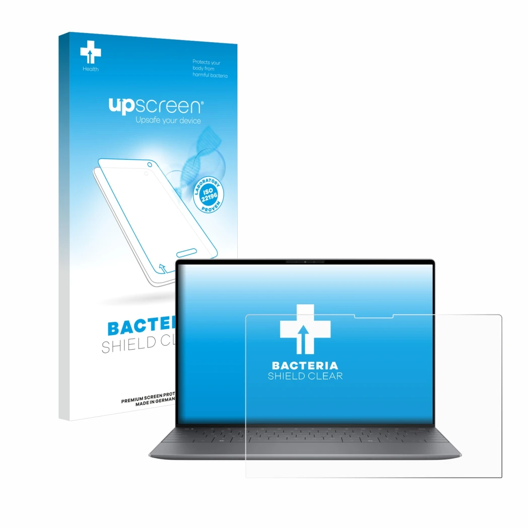 Vorderseite einer Produktverpackung mit dem Markenlogo upscreen. Daneben ist das Gerät Dell XPS 13 9345 mit dem zugehörigen Di