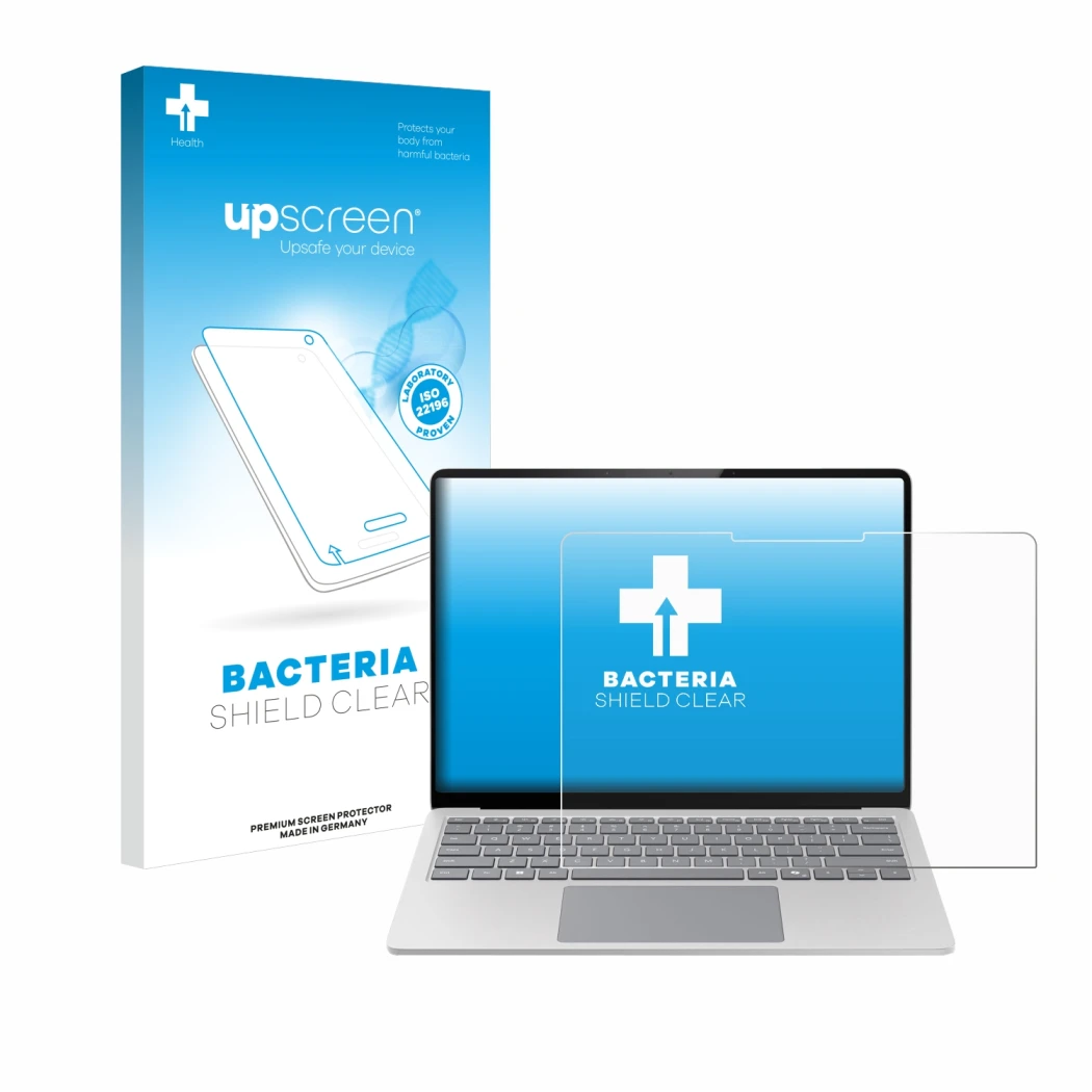 Vorderseite einer Produktverpackung mit dem Markenlogo upscreen. Daneben ist das Gerät Microsoft Surface Laptop 7 13.8