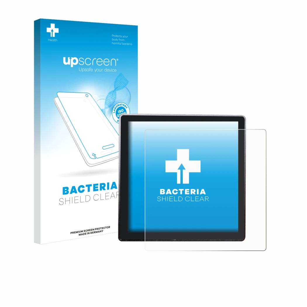 Vorderseite einer Produktverpackung mit dem Markenlogo upscreen. Daneben ist das Gerät Shelly Wall Display mit dem zugehörigen