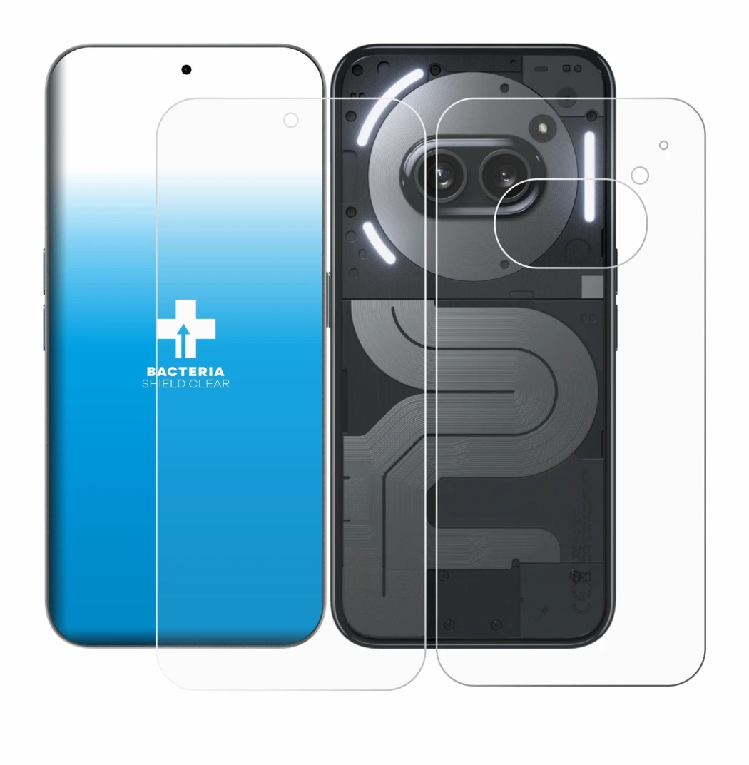Abbildung des Geräts Nothing Phone (2a) Plus (Display+Rückseite) mit einer Vielzahl des Displayschutzes.