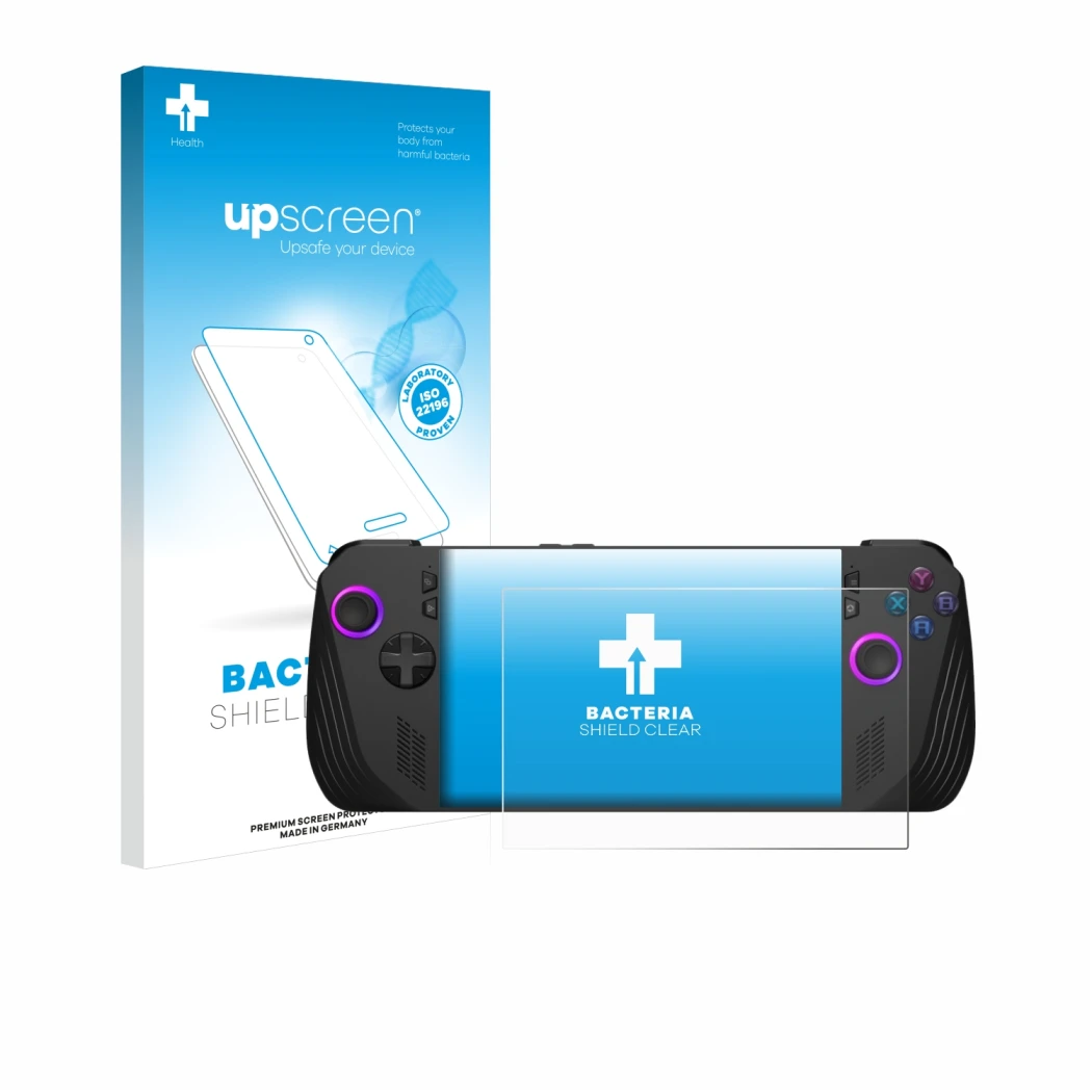 Vorderseite einer Produktverpackung mit dem Markenlogo upscreen. Daneben ist das Gerät ASUS ROG Ally X (2024) mit dem zugehöri