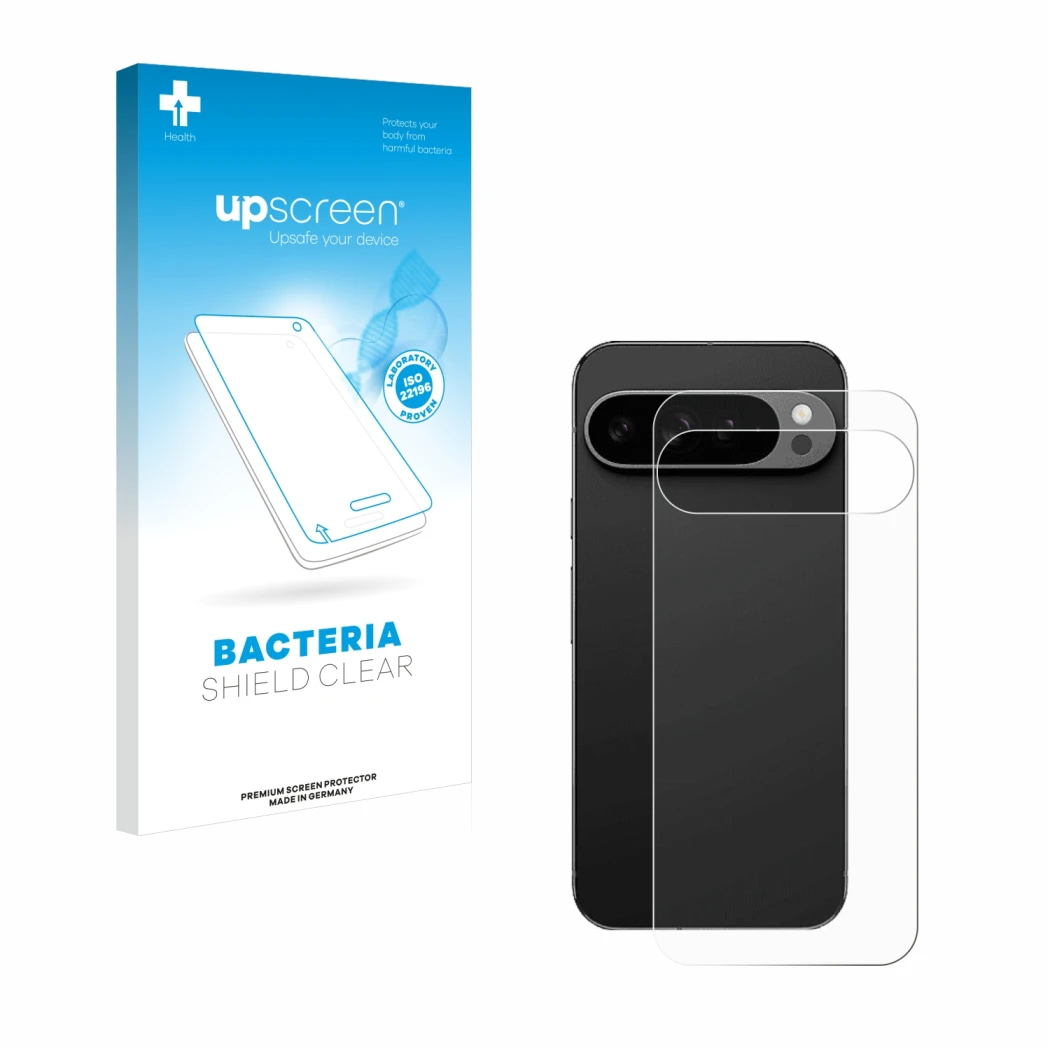 Vorderseite einer Produktverpackung mit dem Markenlogo upscreen. Daneben ist das Gerät Google Pixel 9 Pro XL (Rückseite) mit d