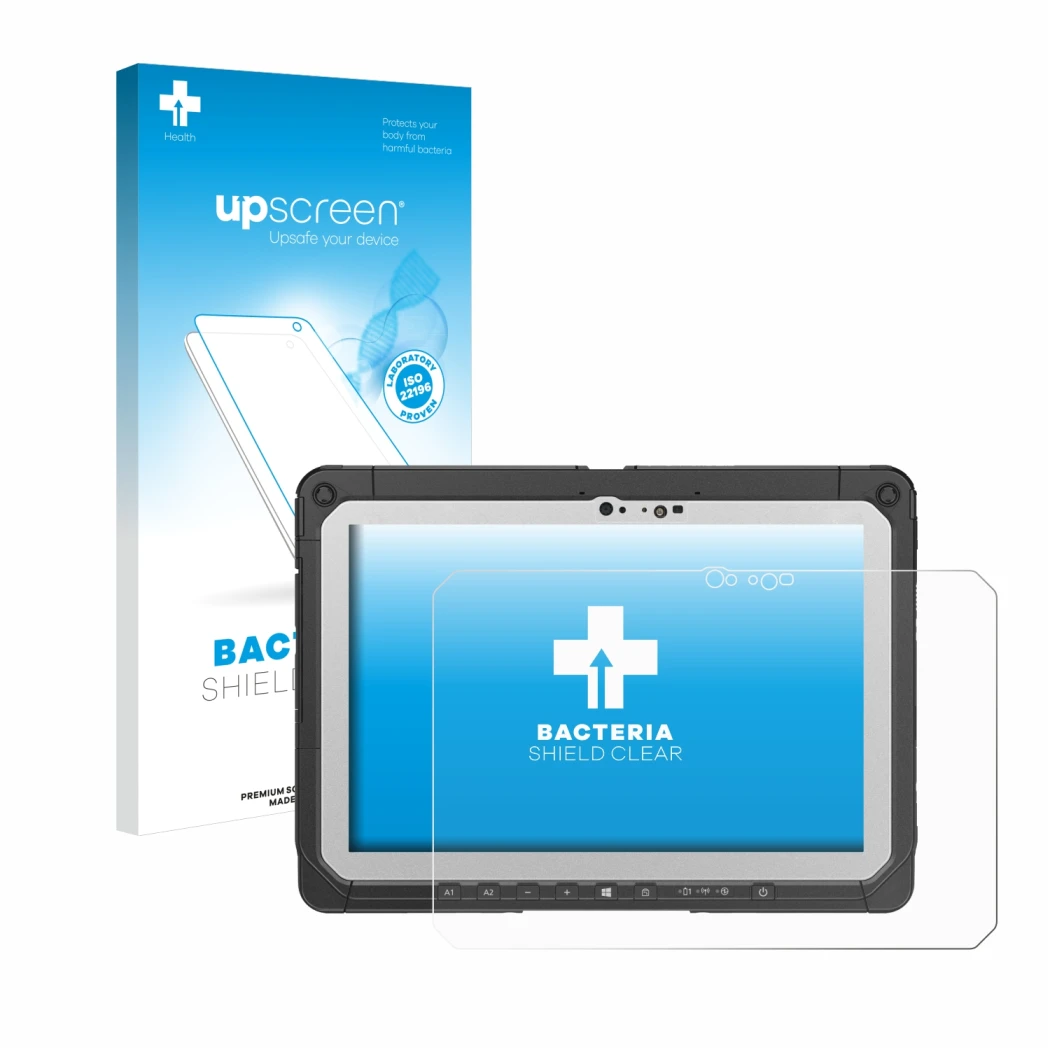 Vorderseite einer Produktverpackung mit dem Markenlogo upscreen. Daneben ist das Gerät Panasonic Toughbook CF-20 MK2 mit dem z