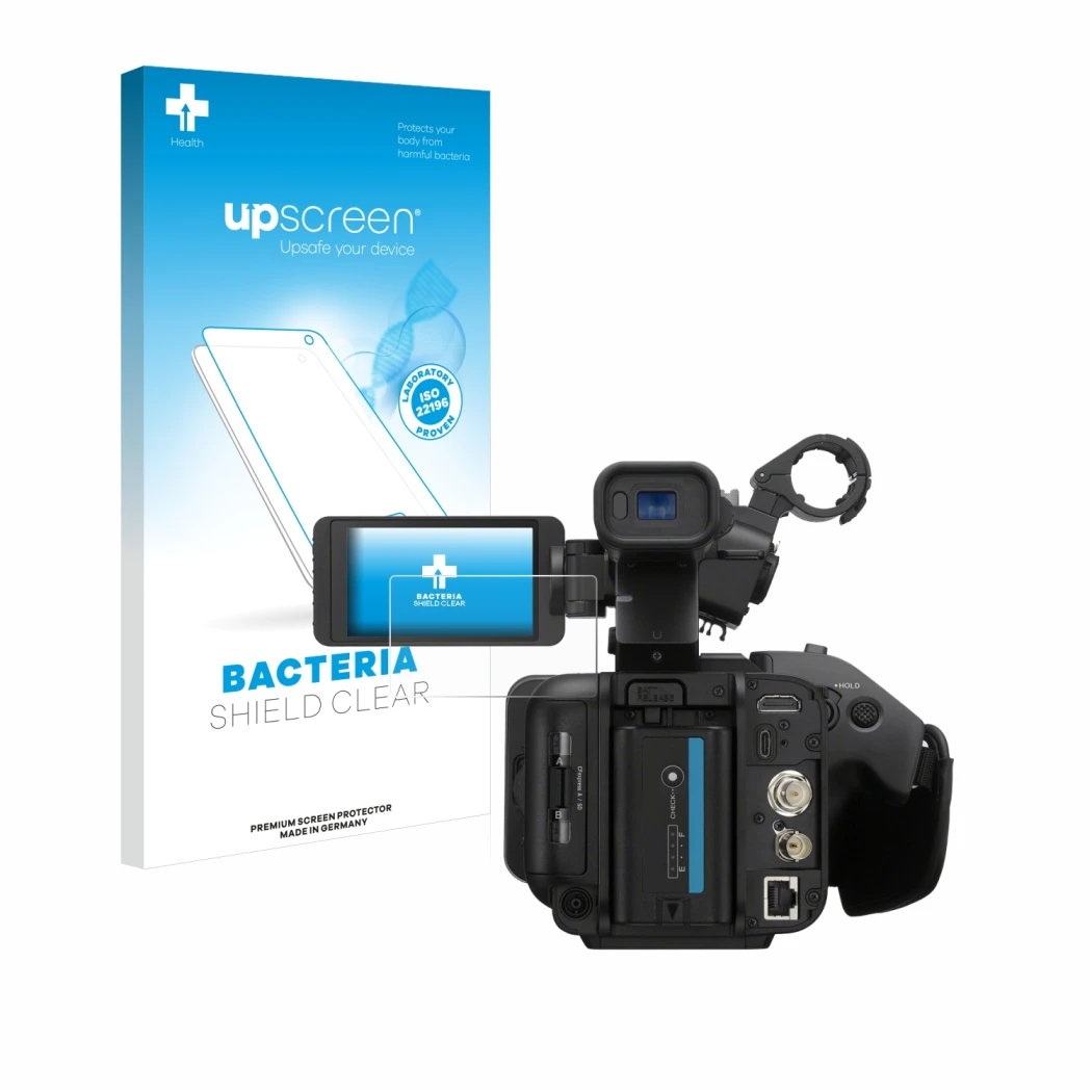 Vorderseite einer Produktverpackung mit dem Markenlogo upscreen. Daneben ist das Gerät Sony PXW-Z200 mit dem zugehörigen Displ