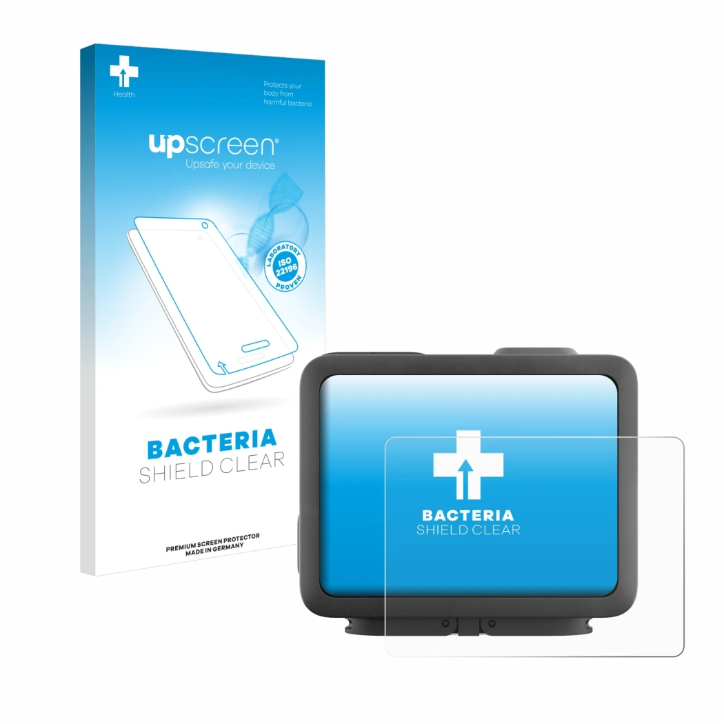 Vorderseite einer Produktverpackung mit dem Markenlogo upscreen. Daneben ist das Gerät GoPro Hero 4k mit dem zugehörigen Displ