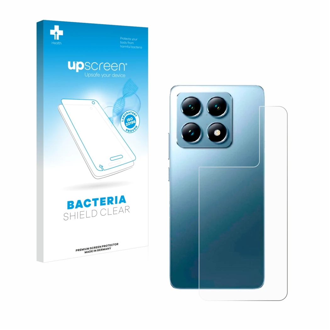 Vorderseite einer Produktverpackung mit dem Markenlogo upscreen. Daneben ist das Gerät Xiaomi 14T Pro (Rückseite) mit dem zuge