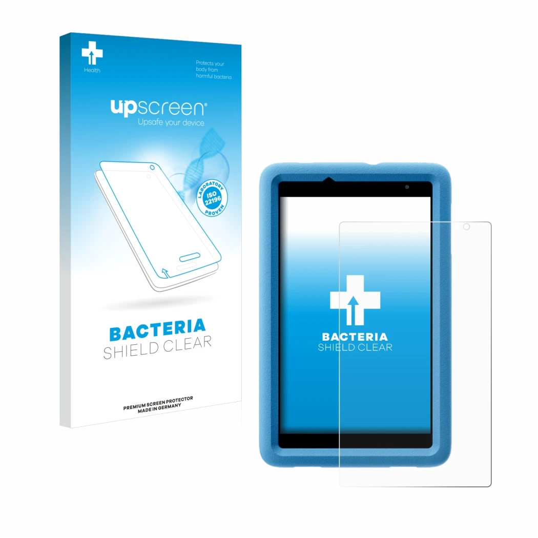 Vorderseite einer Produktverpackung mit dem Markenlogo upscreen. Daneben ist das Gerät Blackview Tab A5 Kids mit dem zugehörig