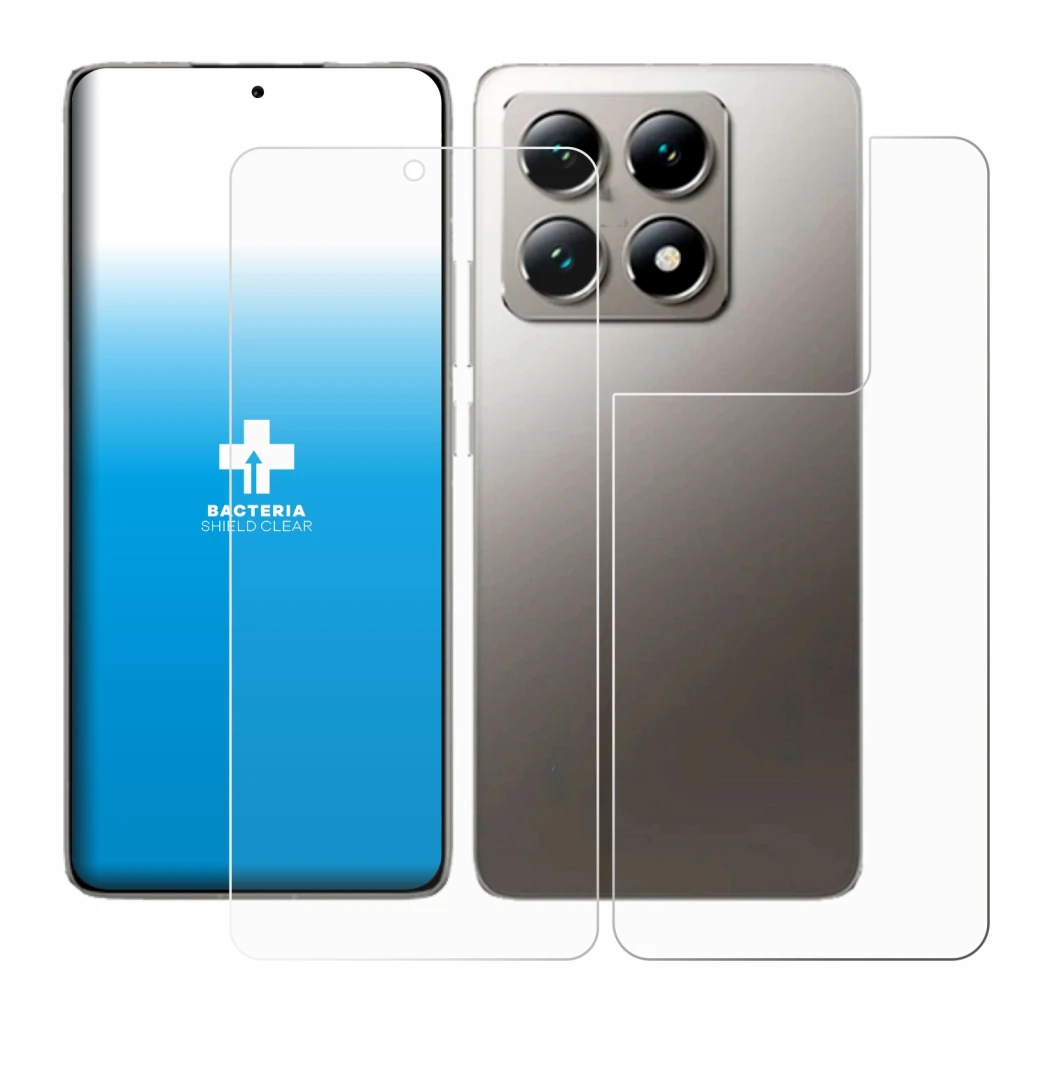 Abbildung des Geräts Xiaomi 14T (Display+Rückseite) mit einer Vielzahl des Displayschutzes.