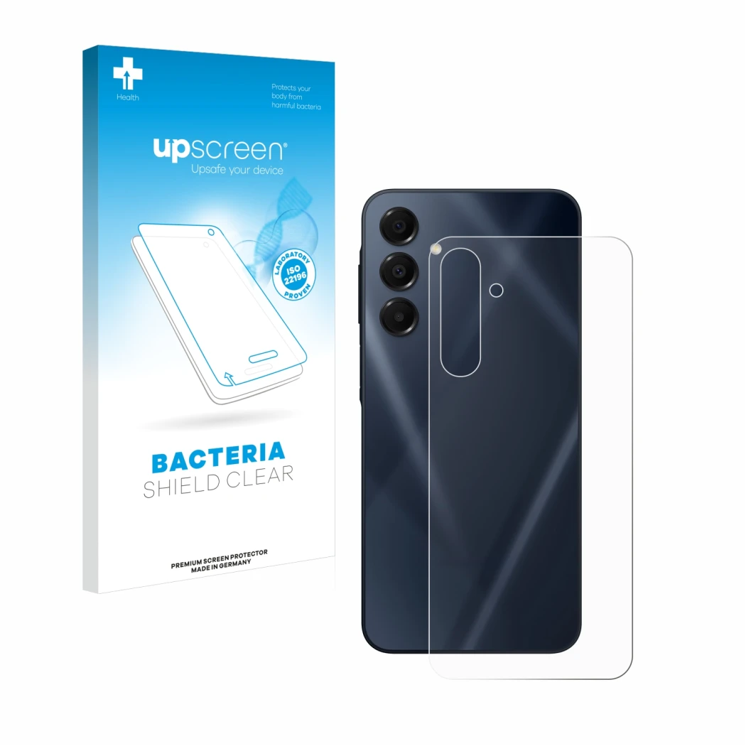 Vorderseite einer Produktverpackung mit dem Markenlogo upscreen. Daneben ist das Gerät Samsung Galaxy A16 5G (Rückseite) mit d