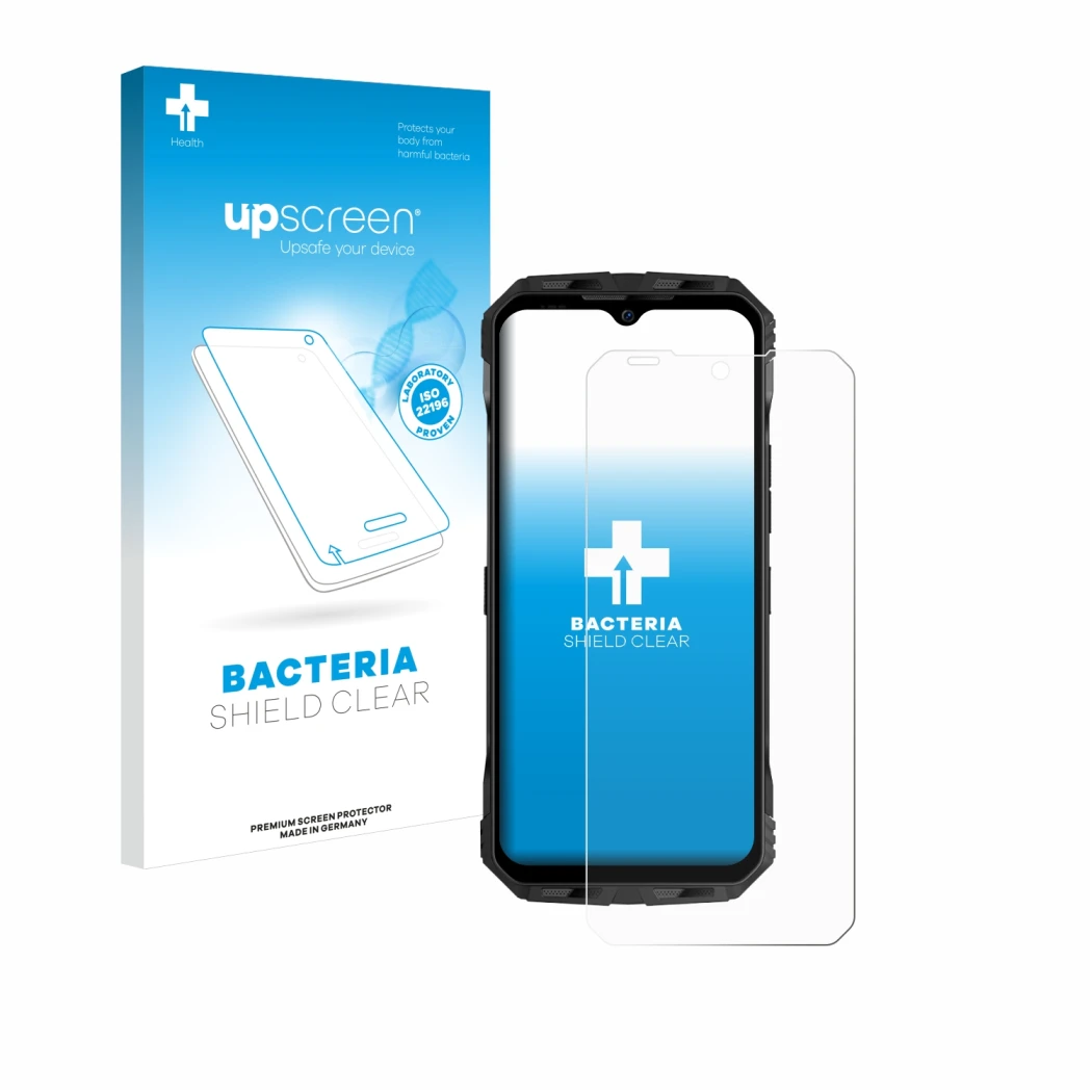 Vorderseite einer Produktverpackung mit dem Markenlogo upscreen. Daneben ist das Gerät Doogee V Max Plus mit dem zugehörigen D