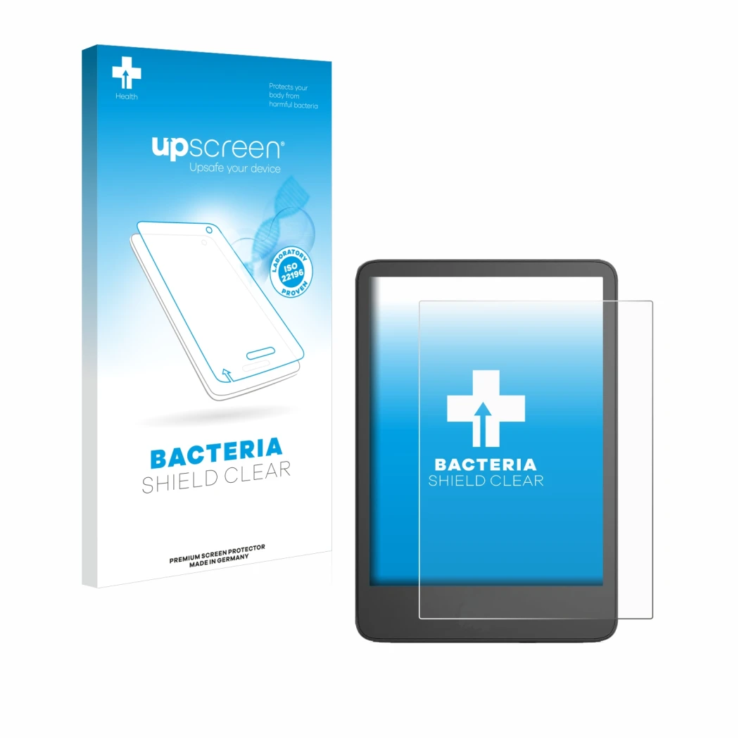 Vorderseite einer Produktverpackung mit dem Markenlogo upscreen. Daneben ist das Gerät Amazon Kindle 2024 mit dem zugehörigen 